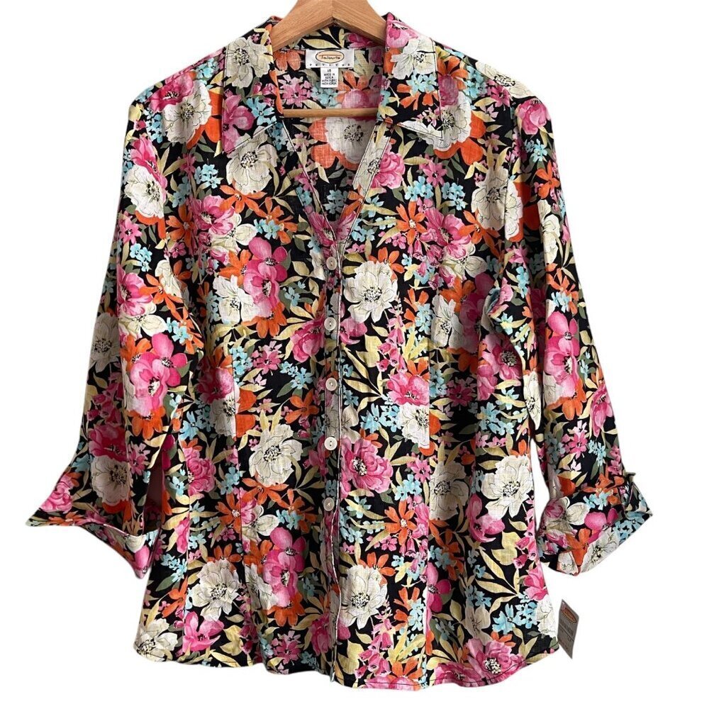 Vintage Talbots Petites Womens Linen Top Size 16 Floral Easter Spring Deadstock